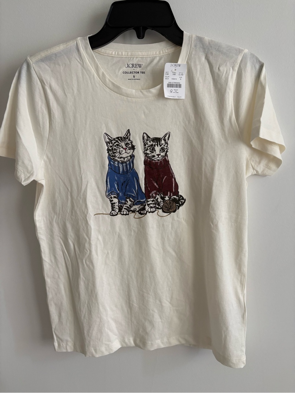 J. Crew Cream Cat Graphic Tee with Blue & Burgundy Sweaters (size Small)